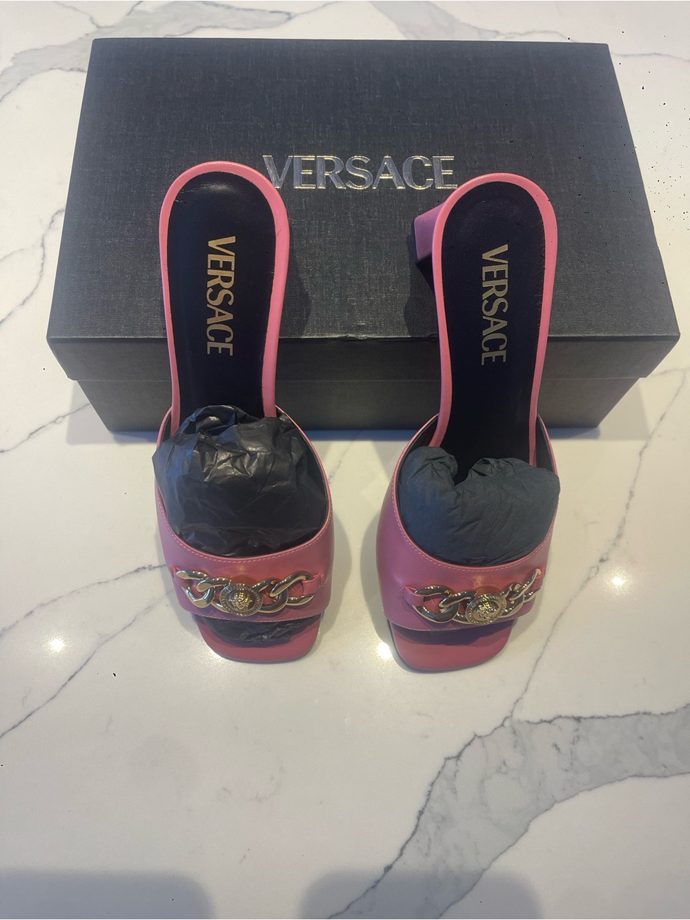 NWT Versace Medusa Chain Leather Mule Sandals Pink Gold EU 37 Made in Italy